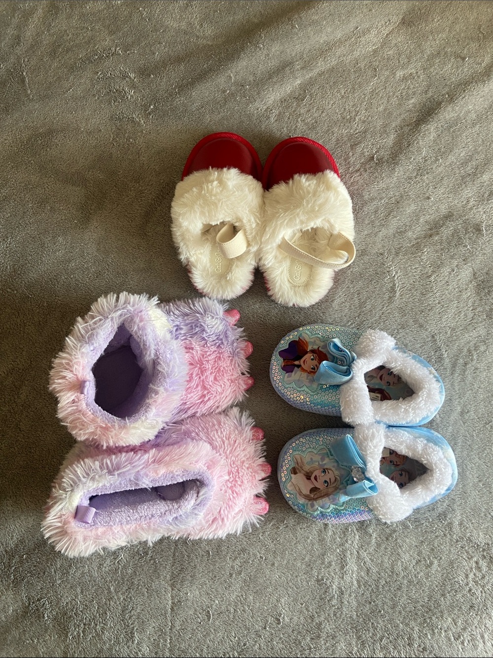 3-Pair Girls Plush Slipper Bundle - Red, Pink, Light Blue